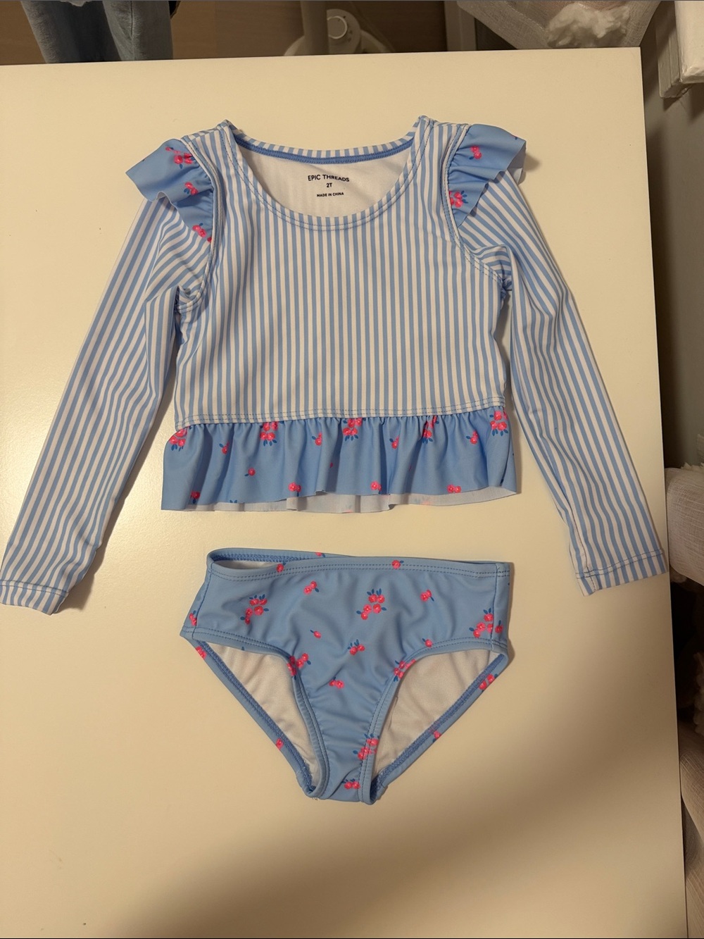 2T Epic Threads Light Blue Striped Ruffle Swim Set with Pink Floral Accents